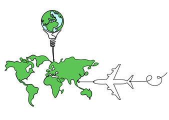 Wall Mural - Color Map of planet Earth and light bulb with plane as line drawing on white