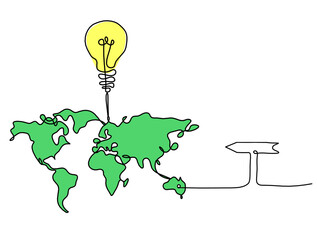Wall Mural - Color Map of planet Earth and light bulb with direction as line drawing on white