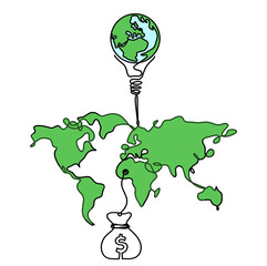 Wall Mural - Color Map of planet Earth and light bulb with dollar as line drawing on white