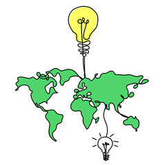 Wall Mural - Color Map of planet Earth and light bulb as line drawing on white