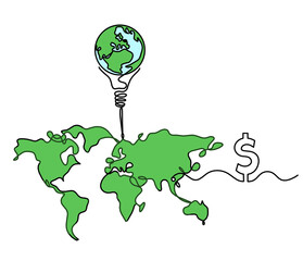Wall Mural - Color Map of planet Earth and light bulb with dollar as line drawing on white