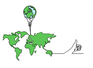 Wall Mural - Color Map of planet Earth and light bulb with hand as line drawing on white
