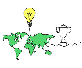 Wall Mural - Color Map of planet Earth and light bulb with trophy as line drawing on white