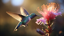 Adult Billed Hummingbird Feeding At Flower At Sunrise