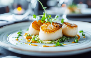 pan-fried scallops with sauce on white plate