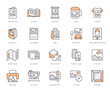 © nadiinko - Photo printing line icon set. Brand identity printed on products like brochure, banner, mug, plotter vector illustrations. Simple outline signs for polygraphy. Orange Color. Editable Strokes
