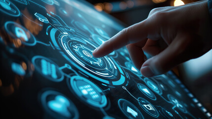 Finger pressing a futuristic button with symbol illustration
