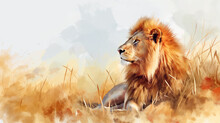 A Lion Resting In The Savannah On A Hot Sunny Day, Profile View, Watercolor Style, Book Cover