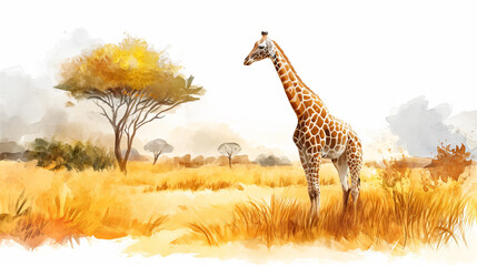 giraffe on a yellow background , watercolor style , close-up