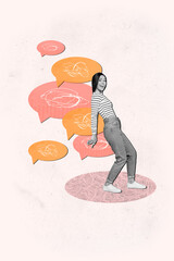 Canvas Print - Vertical creative photo collage of black white gamma young smiling woman trying to hold several message bubbles on pastel pink background