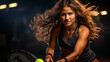 Retrato de mujer joven, tenista profesional femenina en uniforme. Deportes y competicion.