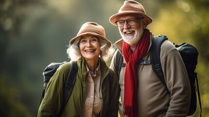 A happy senior couple tourists and travellers hiking in nature.