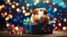 Cute Guinea Pig With Gift Box, Night Background With Bokeh Lights