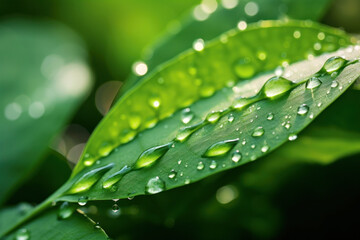 Close-up of large dew or raindrops on a green leaf. Summer forest in morning glow at sun day.