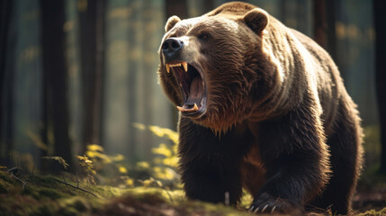 an intimidating brown grizzly bear roaring aggressively, showcasing wild predatory instincts in the 