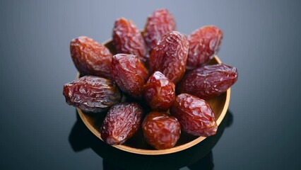 Canvas Print - Dates fruit. Date fruits with reflection on black background. Heap of Medjool dates rotating in wooden bowl close up. Tasty healthy food. 