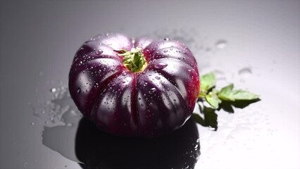 Poster - Black tomato, fresh ripe natural bio tomatoes with water drops close-up, rotating. Tasty organic whole tomato with leaves over dark gray background. Macro shot. Garden, Gardening concept. 