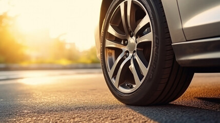 Close up tire and wheel of a car on the road in background. The driving concept of travel and vacation.