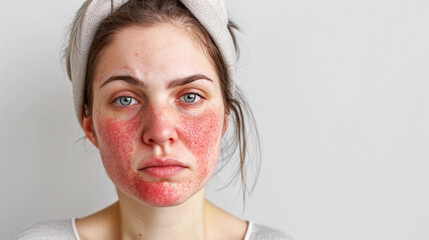 young woman with skin problem rosacea on the face. Medicine and cosmetology. rosacea skin condition.