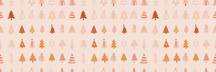 Christmas tree pattern background. Christmas illustration hand drawn packing paper design, winter holiday decoration, modern bright colors, hand drawn vector illustration