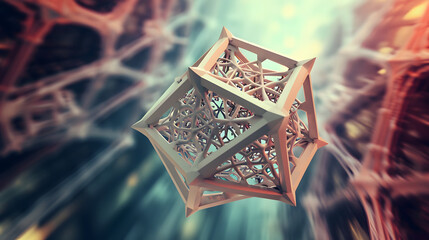 A 3D visualization of a complex geometric sculpture floating in an abstract digital space.