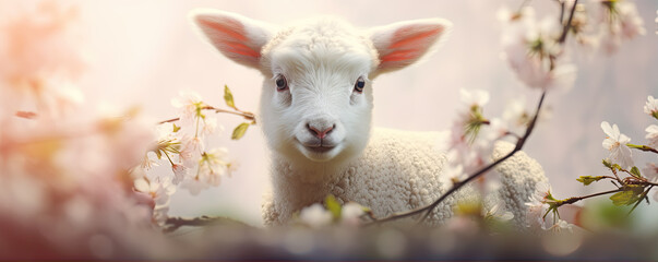 Wall Mural - Spring Lambs portrait. Sheep on green farm with flowers background.