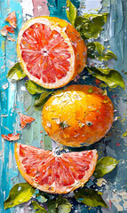 Wall Mural - Grapefruit and orange slices on a blue background.