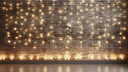 Wall Mural - decorated wall Christmas glowing festive winter background, small gold and lights garlands on the background