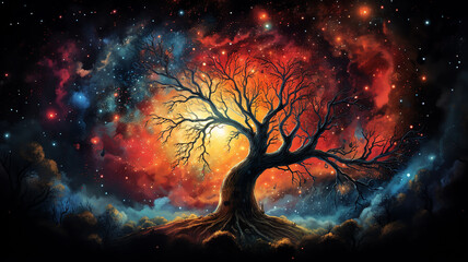 Wall Mural - fairytale illustration of the tree of life of the universe, the image of a large old tree against th