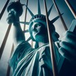 Statue of Liberty behind bars, close up.