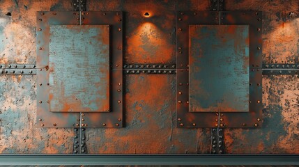 Rustic Industrial Interior with Two Blank Mockup Frames on Distressed Metal Wall