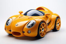 Futuristic Yellow Toy Car Isolated On White Background. Cartoonish Vehicle Designed For Children. Concept Of Kids Friendly Toys, Playful Designs, Transport-themed Playthings, And Bright Colors