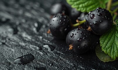 Wall Mural - Close-up of black currants on a tin background.