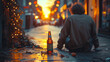 Depressed man drinking alcohol outdoors in the evening