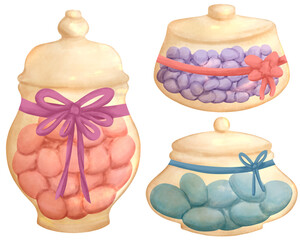 cute watercolor crayon illustration style clip art set collection of chocolate eggs in the pocelain jar with ribbon for easter day