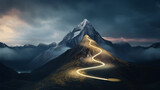 Fototapeta  - glowing path to the top of the mountain, business success strategy, development and growth concept