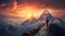 Figure Of A Man On The Way To A Mountain Peak At Dawn, Against The Background Of An Incredible Rocky Landscape In Dawn Colors, The Concept Of The Path To Success, Achievement In Business