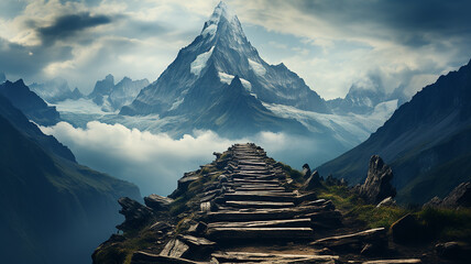 Wall Mural - landscape in the mountains, old staircase way to the top of the mountain