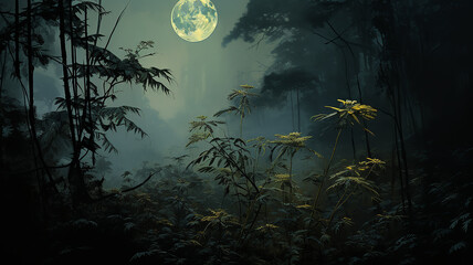 Wall Mural - a night dream in a misty fabulous green forest art landscape