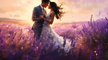 A Couple In Love At Sunset In A Lavender Field, Watercolor Illustration Of A Man And A Woman, Abstract Background Spring Feelings Art