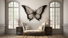 A Huge Butterfly On A White Wall, An Element Of Interior Design, A Fantastic Creature With Large Wings