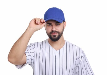 Wall Mural - Man in stylish blue baseball cap on white background