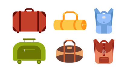 Wall Mural - Set of luggage bags for planes, trains for travel. Various kinds of travel luggage. Bag, backpack cabin luggage and check in baggage. Vector illustration in flat design isolated on white background	