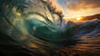 ocean wave swirls into a tube at sunset, landscape tropical sea coast, surf waves