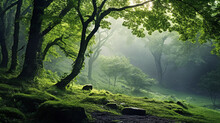 Misty Landscape In A Fresh Green Spring Forest,  Trunks Of Green Trees In The Mist Of The Forest Morning Coolness