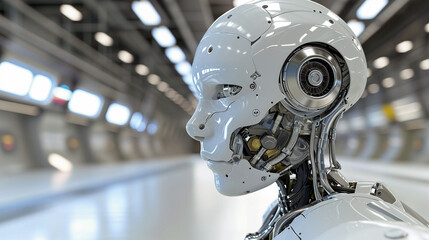 robotic urban assistant on duty at a transport hub, futuristic smart city. public safety, security, 