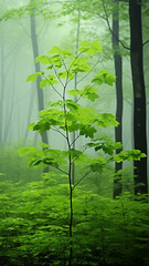 Wall Mural - misty landscape in a fresh green spring forest, vertical panoramic view, trunks of green trees in th
