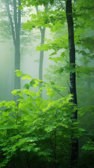Wall Mural - misty landscape in a fresh green spring forest, vertical panoramic view, trunks of green trees in th