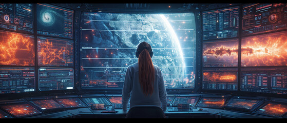Wall Mural - back view of female data working on computer at night in dark office
