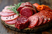 Assortment Of Processed Cold Meat Products. On A Wooden Background.